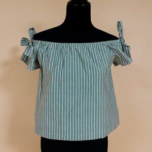 5/$20 Lush Green White Stripe Off the Shoulder Cotton Blouse Top Bows Size XS